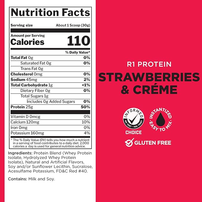 Rule One Proteins, R1 Protein - Strawberries & Crème, 25g Fast-Acting, Super-Pure 100% Isolate and Hydrolysate Protein Powder with 6g BCAAs for Muscle Growth and Recovery, 5lbs