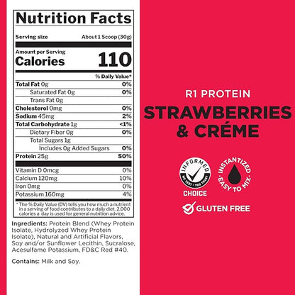 Rule One Proteins R1 Protein - 25g Fast-Acting, Super-Pure 100% Isolate and Hydrolysate Protein Powder with 6g BCAAs (2 Pounds*, Strawberries & Crème)