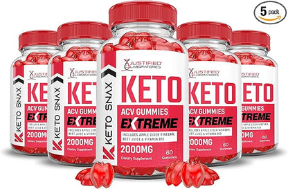 (5 Pack) Keto Snax Keto ACV Gummies Extreme 2000MG Keto Snax Keto Gummies Advanced Formula Apple Cider Vinegar with Pomegranate Beet Juice Powder B12 Vegan Non GMO 300 Gummys