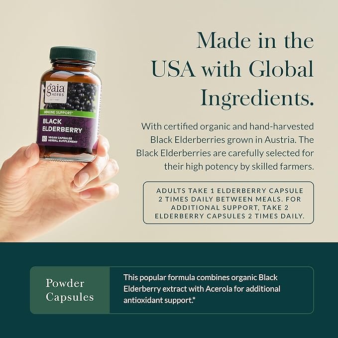 Gaia Herbs Black Elderberry - Daily Immune Support Supplement to Help Maintain Well-Being - with Black Elderberries and Acerola Fruit for Antioxidant Support - 60 Vegan Capsules (30-Day Supply)