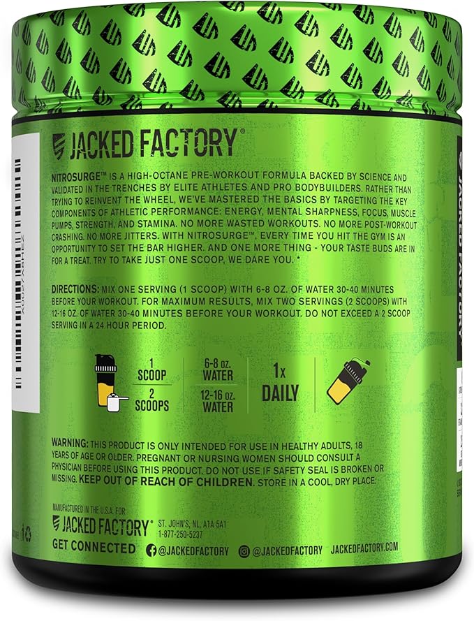 Jacked Factory NITROSURGE Pre Workout Supplement - for Energy, Instant Strength Gains, Clear Focus, Intense Pumps - Nitric Oxide Booster & Preworkout Powder with Beta Alanine - 30 Servings, Pineapple