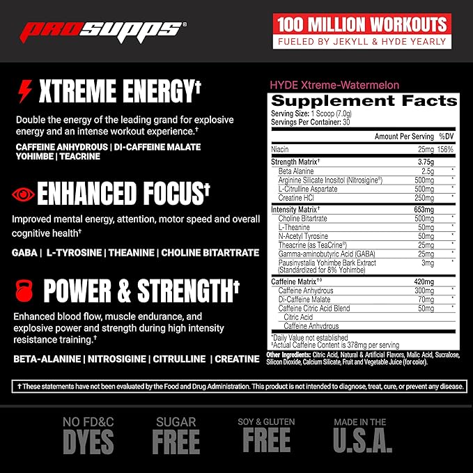 PROSUPPS® Mr. Hyde® Xtreme Pre-Workout Powder Energy Drink - Intense Sustained Energy, Pumps & Focus with Beta Alanine, Creatine & Nitrosigine, (30 Servings, Watermelon Rush)