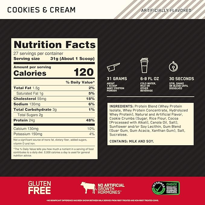 Optimum Nutrition Gold Standard 100% Whey Protein Powder, Cookies & Cream, 2 Pound (Packaging May Vary)