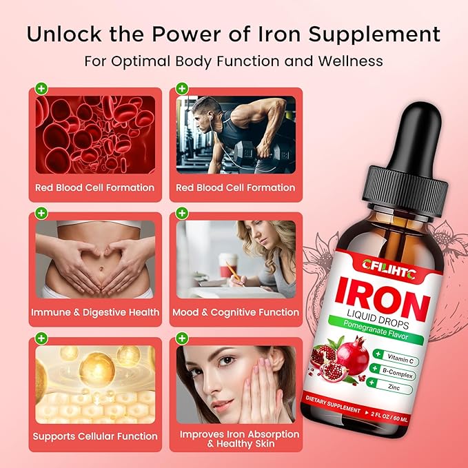 Liquid Iron Supplement for Women Men & Kids Multivitamin Iron Drops with Folate, Vitamin C, B6, B12, Zinc for Anemia, Iron Deficiency, Blood Builder, Energy - Natural Pomegranate Flavor, Vegan 2 Fl Oz