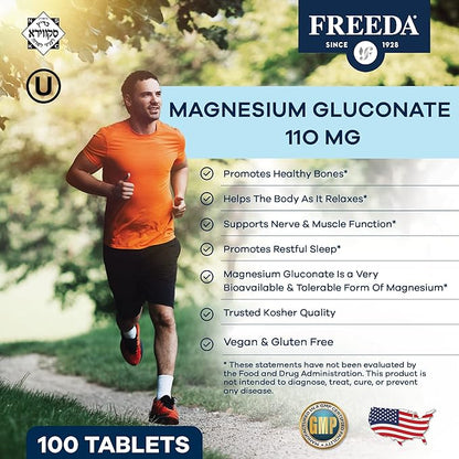 Freeda Magnesium Gluconate - Kosher Vegan Magnesium Supplement for Men & Women - Leg & Muscle Cramp and Spasm Relief - Natural Muscle Relaxer - Magnesio Vitamins and Supplements (100 Tablets)
