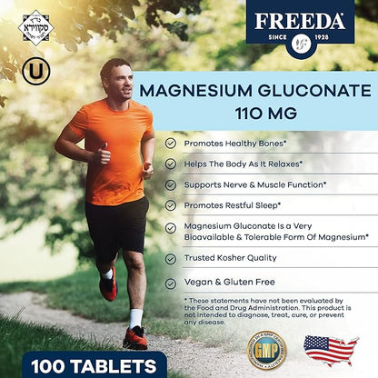 Freeda Magnesium Gluconate - Kosher Vegan Magnesium Supplement for Men & Women - Leg & Muscle Cramp and Spasm Relief - Natural Muscle Relaxer - Magnesio Vitamins and Supplements (500 Tablets)