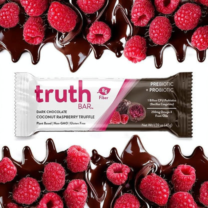 Truth Bar Prebiotic & Probiotic Keto Snack Vegan Bars with Omega-3's - Synbiotic High Fiber Snacks - Low Sugar, Kosher, Gluten Free - Dark Chocolate Coconut Raspberry Truffle (Pack of 12)