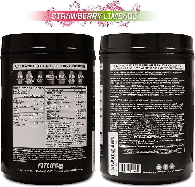 PMD Sports Ultra Pump Fuel Caffeine Free - Pre Workout Drink Mix - Energy, Strength, Endurance, Recovery Complex Carbohydrates and Amino Energy - Strawberry Limeade (30 Servings)
