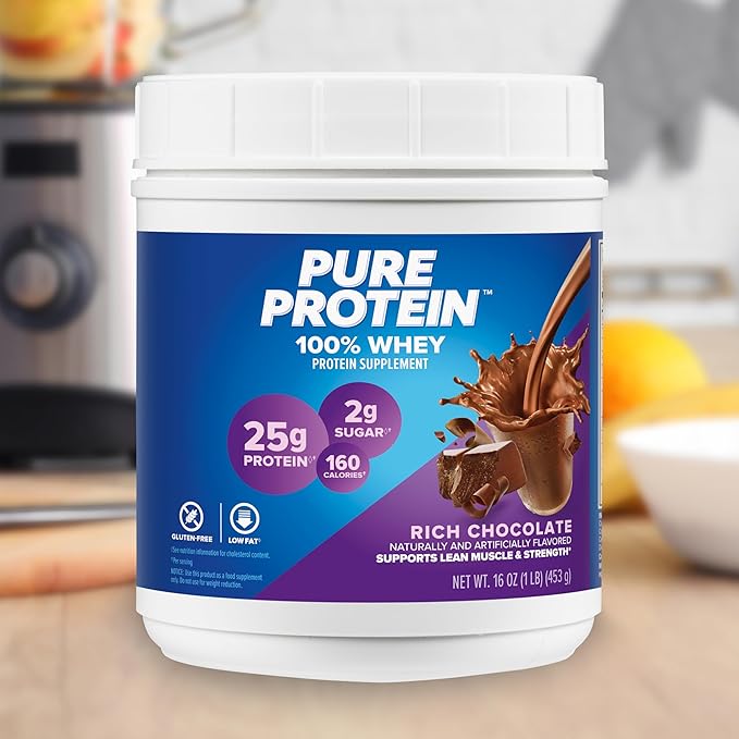 Pure Protein Powder, Whey, High Protein, Low Sugar, Gluten Free, Rich Chocolate, 1 lb