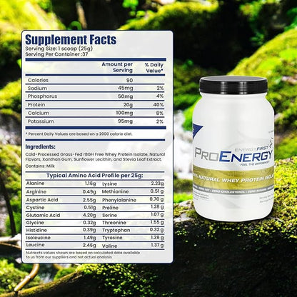 EnergyFirst Vanilla Whey Protein Isolate - Grass Pasture Fed, Zero Lactose, Gluten-Free, All-Natural | Sugar-Free Shake for Keto & Recovery, 2lb