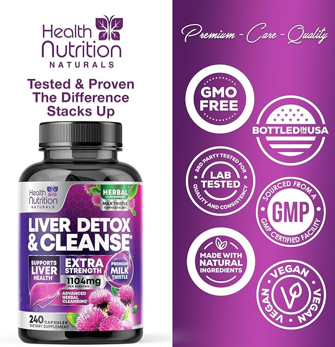 Gentle Liver Cleanse Detox & Repair Formula - Herbal Liver Support Supplement: Milk Thistle with Silymarin, Artichoke Extract, Dandelion, Beet, Chicory Root, & Turmeric for Liver Health - 240 Capsules