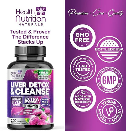 Gentle Liver Cleanse Detox & Repair Formula - Herbal Liver Support Supplement: Milk Thistle with Silymarin, Artichoke Extract, Dandelion, Beet, Chicory Root, & Turmeric for Liver Health - 240 Capsules
