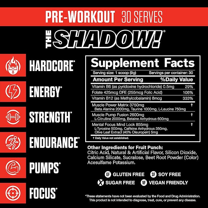 JNX SPORTS The Shadow! 350mg of Caffeine Hard Core Preworkout - Fruit Punch 30 Servings | Electric Energy, Mental Focus & Superhuman Strength for Men & Women