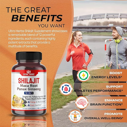Shilajit Pure Himalayan 21,800mg - Energy Booster 85% Fulvic Acid, Maca Root, Panax Ginseng, Tongkat Ali, Fadogia Agrestis - Metabolism & Immunity Support - 150 Capsules