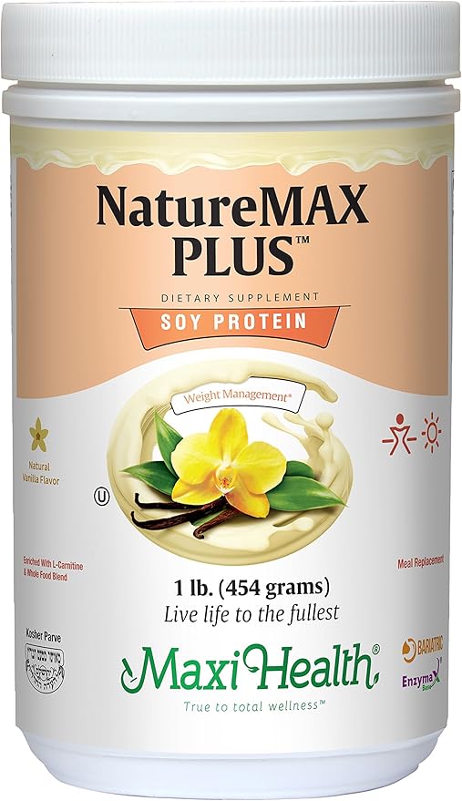Maxi-Health NatureMAX PlusTM Energy Support Meal Replacement Drink Soy Protein Powder - Sugar Free Diet Supplement - 1 Lb - Natural Vanilla Flavor - Kosher Vitamin