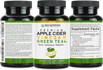 TRIO NUTRITION Apple Cider Vinegar Capsules with Green Tea - Sugar Free Apple Cider Vinegar Pills with The Mother for Body Cleanse, Immune, Weight Management & Metabolism Support*