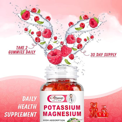 Potassium Magnesium Supplement Gummies with Potassium Citrate 200mg + Magnesium Glycinate 500mg for Bone & Muscle Relaxation,Mood & Energy Support.High Absorption Vitamin B6, D3, C.Raspberry Flavor