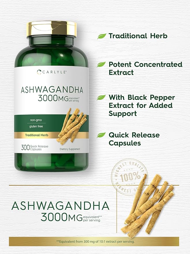 Carlyle Ashwagandha Supplement 3000mg | 300 Capsules | Root Extract for Women and Men | Non-GMO, Gluten Free
