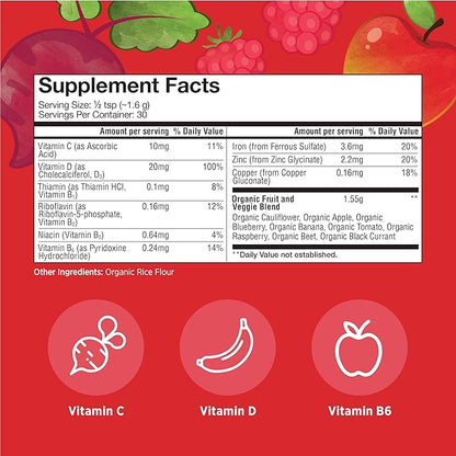 Matys Organic Picky Kids Red Blend, Fruit and Veggie Powder Supplement, Picky Eater Vitamins for Kids 4 Years +, Childrens Superfoods Powder for Meals with Berries, Beets, & Bananas, 1.6 Ounces