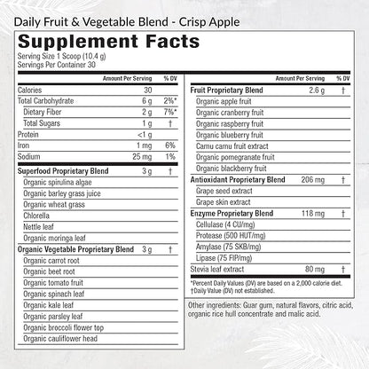 Equilife - Daily Fruit & Vegetable Blend, Fruits and Vegetables Supplements, Vitamin C, 9 Essential Amino Acids, Promotes Energy, Low-Sugar, Easy-to-Use, Vegan, Non-GMO (Crisp Apple, 30 Servings Tub)