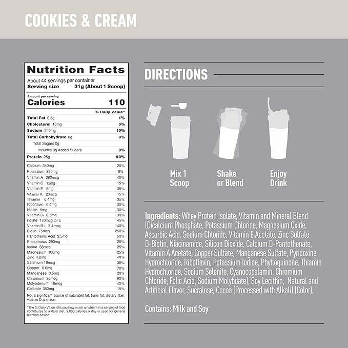 Isopure Protein Powder, Zero Carb Whey Isolate with Vitamin C & Zinc for Immune Support, 25g Protein, Keto Friendly, Cookies & Cream, 44 Servings, 3 Pounds (Packaging May Vary)