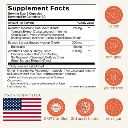 Avantera Elevate Premium Nootropic Supplement - Beat Brain Fog - Best Focus Supplements for Memory & Focus Support - Energy Without Crash - 60 Count Pills for Women & Men