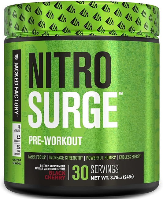 Jacked Factory NITROSURGE Pre Workout Supplement - Endless Energy, Instant Strength Gains, Clear Focus and Intense Pumps - NO Booster & Powerful Preworkout Energy Powder - 30 Servings, Black Cherry