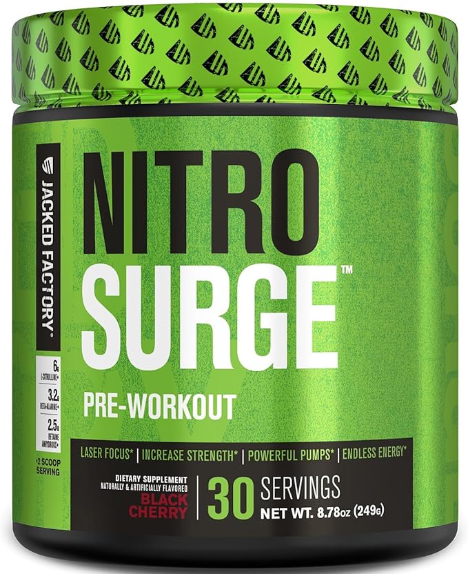 Jacked Factory NITROSURGE Pre Workout Supplement - Endless Energy, Instant Strength Gains, Clear Focus and Intense Pumps - NO Booster & Powerful Preworkout Energy Powder - 30 Servings, Black Cherry