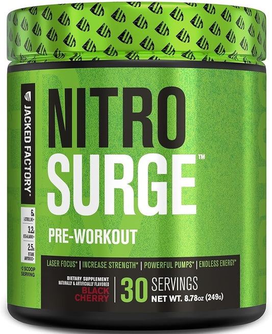 Jacked Factory NITROSURGE Pre Workout Supplement - Endless Energy, Instant Strength Gains, Clear Focus and Intense Pumps - NO Booster & Powerful Preworkout Energy Powder - 30 Servings, Black Cherry