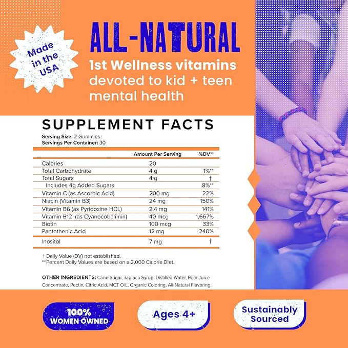 Energy Gummies - with Biotin, Vitamin B3, Vitamin B6 and Vitamin B12 for Kids & Teens - All Natural & Vegan Energy & Focus Supplement for Kids & Teens - Strawberry Flavor - 60/ct