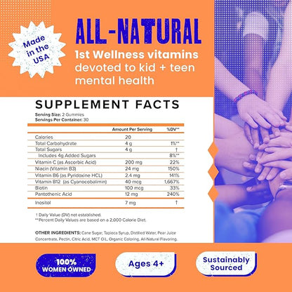 Energy Gummies - with Biotin, Vitamin B3, Vitamin B6 and Vitamin B12 for Kids & Teens - All Natural & Vegan Energy & Focus Supplement for Kids & Teens - Strawberry Flavor - 60/ct