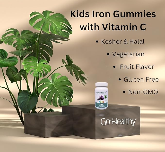 Go Healthy Iron Gummies for Kids, Toddlers, Teens with Vitamin C, Vegan Supplement - Children's Energy, Brain & Immune Support - Grape Flavor, Gluten Free, Kosher, Halal - 30 Servings