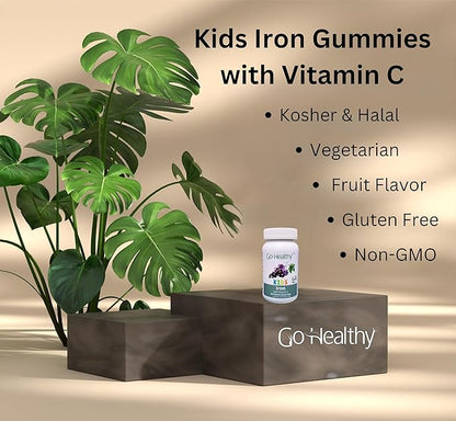 Go Healthy Iron Gummies for Kids, Toddlers, Teens with Vitamin C, Vegan Supplement - Children's Energy, Brain & Immune Support - Grape Flavor, Gluten Free, Kosher, Halal - 30 Servings