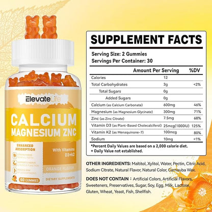 Calcium Magnesium Zinc Gummies with Vitamin D3 & K2 - High Potency Enhanced Absorption -120 Orange Gummies Flavored
