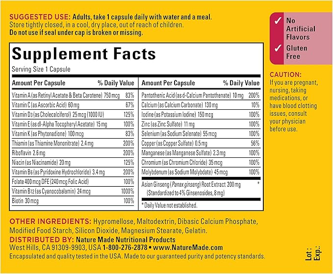 Nature Made Multi + Ginseng, Daily Energy Multivitamin for Adults, One Per Day Vitamin, 60 Capsules