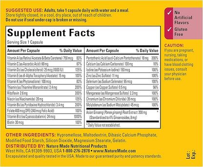 Nature Made Multi + Ginseng, Daily Energy Multivitamin for Adults, One Per Day Vitamin, 60 Capsules