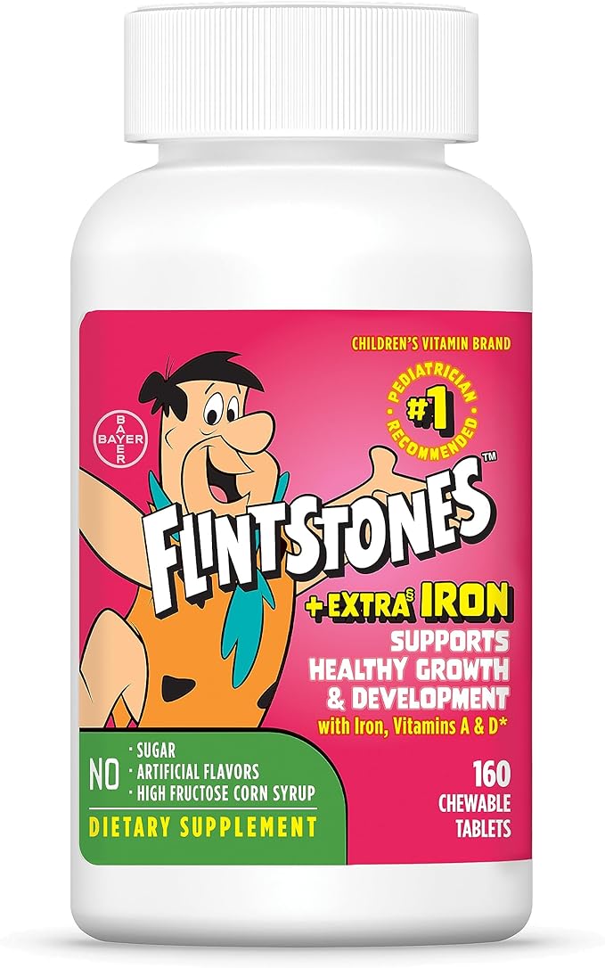 Flintstones Vitamins Chewable Kids Multivitamin with + Extra Iron for Toddler & Kid with Vitamin C, D, Vitamin B12, 160 Count (Packaging Will Vary)