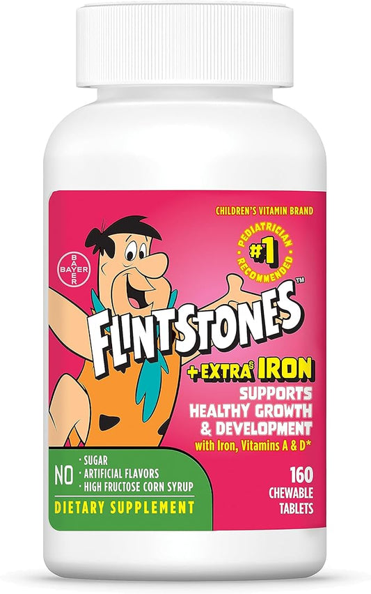 Flintstones Vitamins Chewable Kids Multivitamin with + Extra Iron for Toddler & Kid with Vitamin C, D, Vitamin B12, 160 Count (Packaging Will Vary)