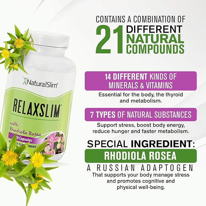 NaturalSlim Relaxslim Rhodiola Rosea & Adaptogenic Herb for Brain, Mood, Metabolism, Tension & Energy Support Supplement - 21 Different Natural Compounds Help Control Appetite - 120 Capsules