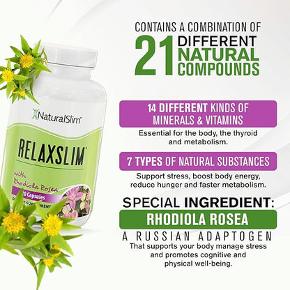 NaturalSlim Relaxslim Rhodiola Rosea & Adaptogenic Herb for Brain, Mood, Metabolism, Tension & Energy Support Supplement - 21 Different Natural Compounds Help Control Appetite - 120 Capsules