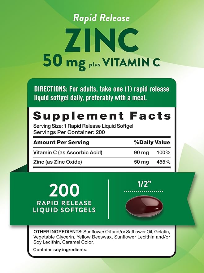 Nature's Truth Zinc 50mg with Vitamin C | 200 Liquid Softgels | Non-GMO & Gluten Free Supplement