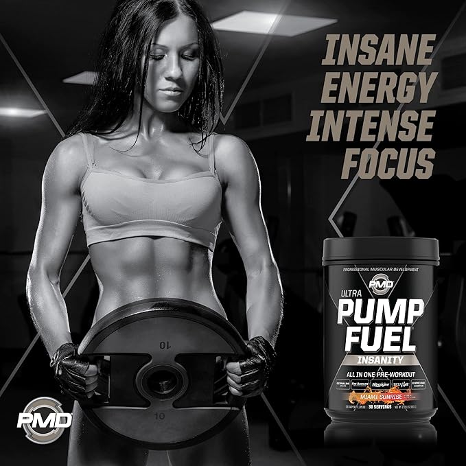 PMD Sports Ultra Pump Fuel Insanity - Pre Workout Drink Mix for Energy, Strength, Endurance, Recovery - Complex Carbohydrates and Amino Energy - Miami Sunrise (30 Servings)