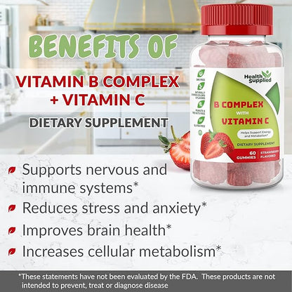 Strawberry Flavored Vitamin B Complex Gummies - B Complex with Vitamin C - Supports Nervous System and Boosts Energy Levels - Assists with Cognitive Function - Great Tasting and Easy to Swallow