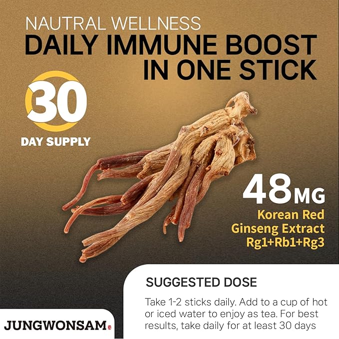 Premium Yejak 6-Year Korean Red Ginseng Extract | 30 Sticks | Vegan | 48mg Ginsenosides per Stick | Energy, Focus, Fatigue, Immune Support | Daily Vitality Supplement for Men & Women