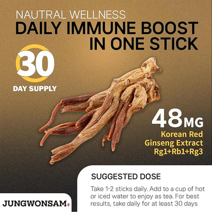 Premium Yejak 6-Year Korean Red Ginseng Extract | 30 Sticks | Vegan | 48mg Ginsenosides per Stick | Energy, Focus, Fatigue, Immune Support | Daily Vitality Supplement for Men & Women