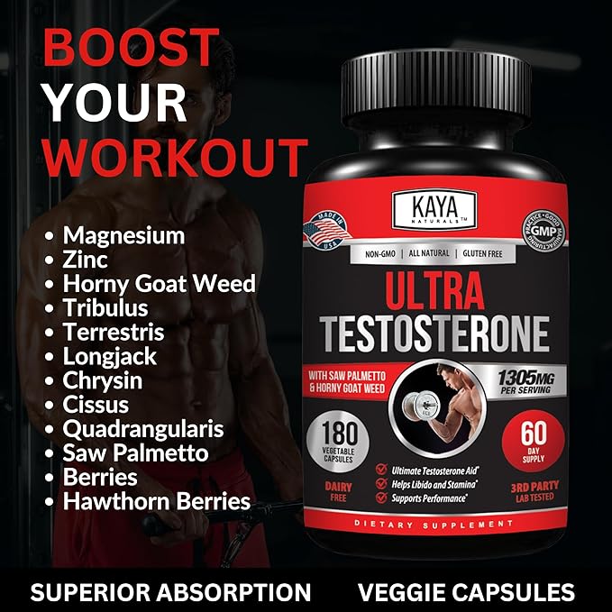 Kaya Naturals UltraTest- Men's T Booster with Tongkat Ali, Horny Goat Weed, Tribulus - Natural Workout Supplement for Energy, Stamina, and Strength Booster - 180 Count