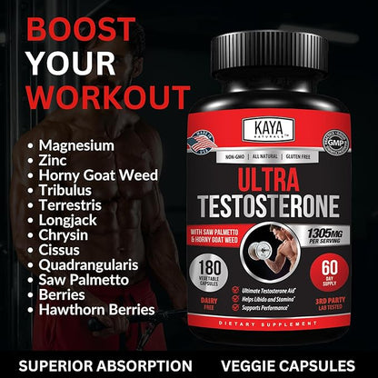 Kaya Naturals UltraTest- Men's T Booster with Tongkat Ali, Horny Goat Weed, Tribulus - Natural Workout Supplement for Energy, Stamina, and Strength Booster - 180 Count
