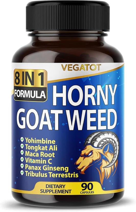 VEGATOT 8 in 1 High Strength Horny Goat Weed 15,420MG Concentrated Extract with Yohimbine Tongkat Ali Maca Root Fenugreek Boost Energy Stamina 3-Month Supply (90 Count (Pack of 1))