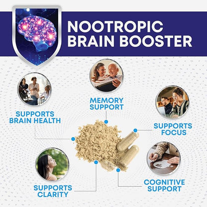 Nootropic Brain Supplements for Memory and Focus - 40 Nootropics & Vitamins to Support Clarity & Concentration, Brain Health Memory Pills with Phosphatidylserine Bacopa Huperzine & DMAE - 180 Capsules