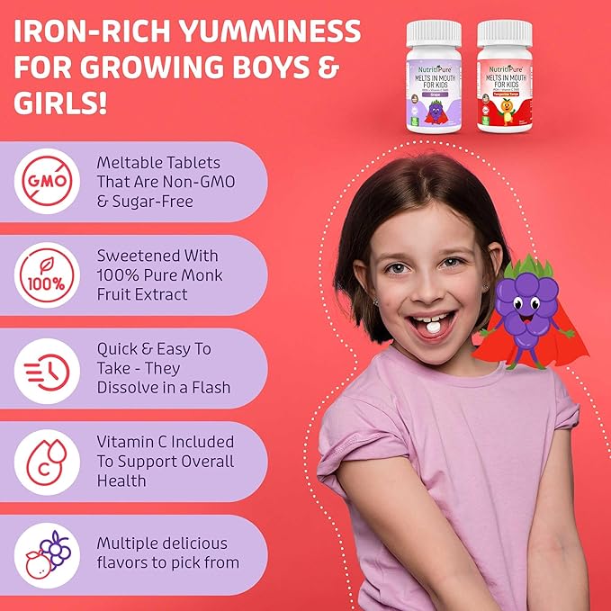 Chewable Iron Supplements for Kids (Ferronyl®/Carbonyl Iron 9 mg with Vitamin C 30 mg) Tablet in Delicious Grape Flavor Kids Iron Supplement 90 Count (1 Bottle)